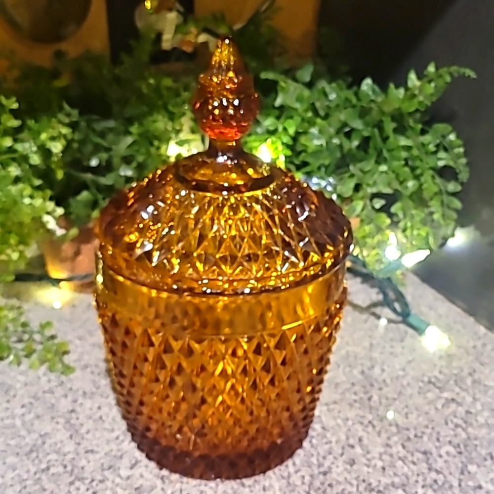 Vintage Amber glass container with lid